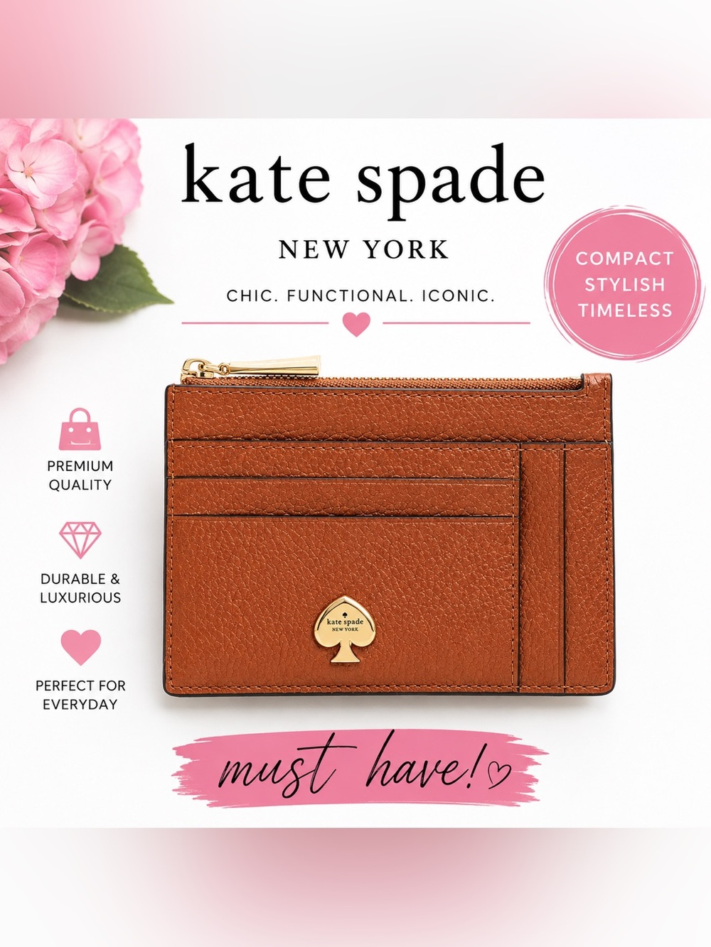 Kate Spade Kayla Large Slim Zip Cardholder Pebbled Leather Warm Ginger-NWT